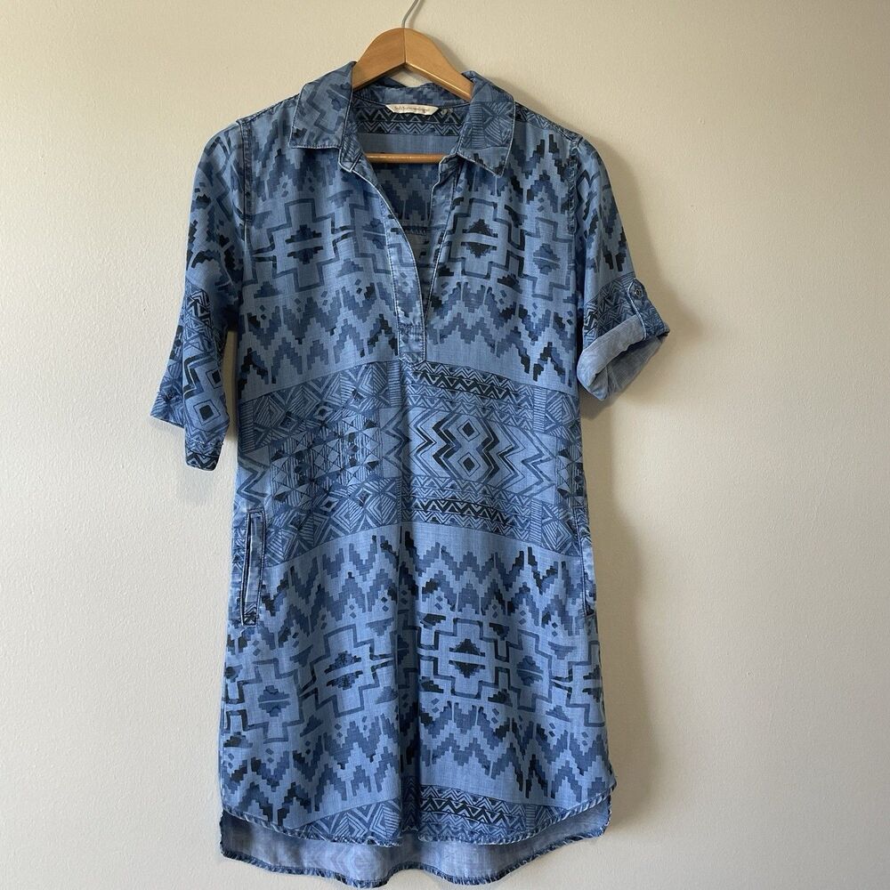 Soft Surroundings Womens Aztec Chambray Popover Tunic Top S Blue Southwestern